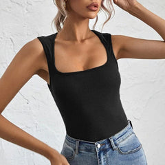 Square neck low cut sleeveless solid ribbed top