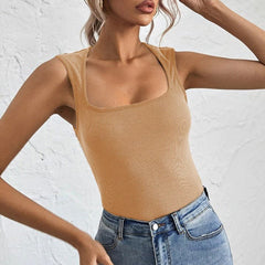 Square neck low cut sleeveless solid ribbed top