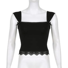 Square neck solid lace hem lace up crop top