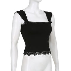 Square neck solid lace hem lace up crop top