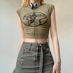 Star pattern cap sleeve contrast crewneck crop top