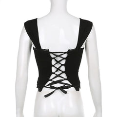 Square neck solid lace hem lace up crop top