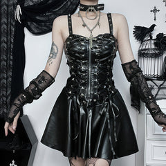 Lace up PU leather sweetheart neck solid zip-up mini dress