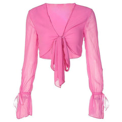 V neck self tie front chiffon long sleeve crop top