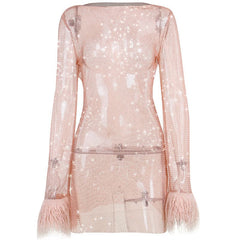 Long sleeve solid see through sheer mesh fluffy round neck mini dress