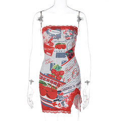 Slit abstract sleeveless contrast backless tube dress