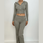 Long sleeve drawstring knitted hoodie zip-up high rise pant set