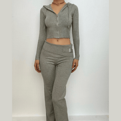 Long sleeve drawstring knitted hoodie zip-up high rise pant set