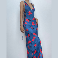 Flower print halter contrast lace up backless v neck midi dress