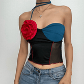 Flower applique patchwork irregular halter stitch crop top