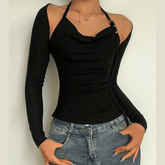 Buckle solid halter long sleeve cowl neck ruched top