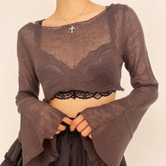 Long flared sleeve boat neck knitted crochet crop top