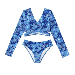 Flower pattern long sleeve contrast v neck bikini swimwear