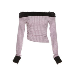 Textured fluffy contrast off shoulder long sleeve crop top