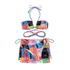 Ruched padded halter contrast print self tie 3 piece swimwear