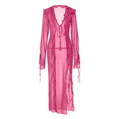 Slit chiffon see through long sleeve v neck self tie maxi dress