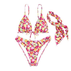 Contrast print self tie backless 3 piece swimwear