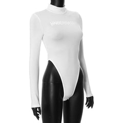 Letter print contrast high neck long sleeve bodysuit