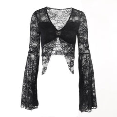 Flared sleeve lace slit v neck solid crop top