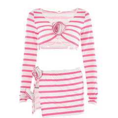 Striped flower applique long sleeve contrast slit mini skirt set