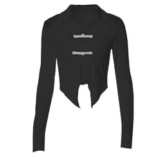 Textured button off shoulder turnover collar long sleeve crop top