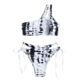 One shoulder hollow out irregular tie dye bikini swimwear