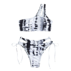 One shoulder hollow out irregular tie dye bikini swimwear