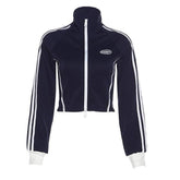 Long sleeve contrast high neck zip-up tag crop top