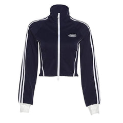 Long sleeve contrast high neck zip-up tag crop top