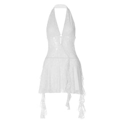 PRE ORDER - Halter v neck backless lace self tie hollow out mini dress