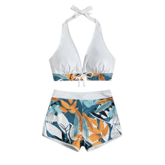 V neck contrast padded leaf pattern halter backless bikini swimwear