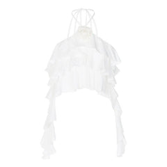 Flower applique solid ruffle halter backless ribbon crop top - Final Sale