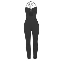 Textured hollow out halter self tie solid jumpsuit