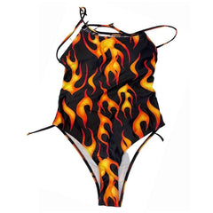 Contrast print lace up self tie backless one piece swimwear