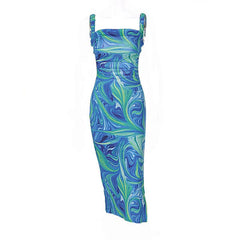 Sleeveless contrast print slit backless self tie hollow out midi dress