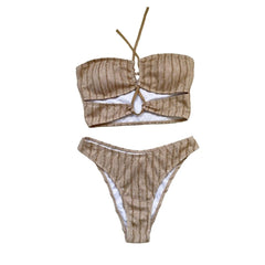 Cross front textured hollow out halter backless bikini swimwear