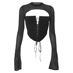 Lace up flared sleeve crewneck corset hollow out backless top
