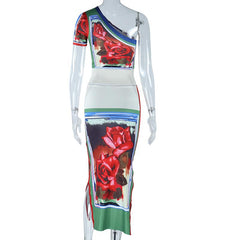 Flower print contrast one shoulder irregular slit midi skirt set