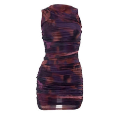 Ruched tie dye sleeveless crewneck mesh mini dress - Final Sale