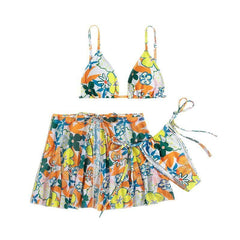 Flower pattern contrast self tie 3 piece swimwear