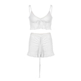 Drawstring ruffle solid self tie v neck cami pant set