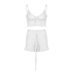 Drawstring ruffle solid self tie v neck cami pant set