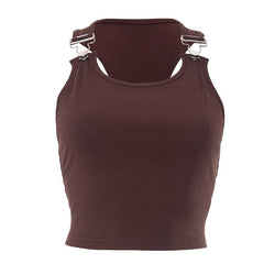 Ribbed buckle u neck sleeveless solid crop top
