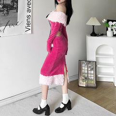 Off shoulder long sleeve furry slit bowknot midi skirt set