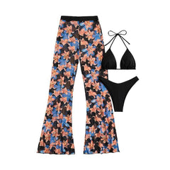 Flower pattern halter contrast pant 3 piece swimwear