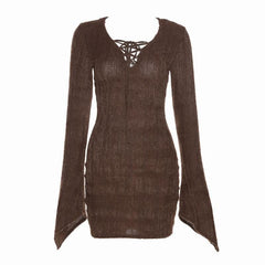 Long sleeve solid knitted hollow out self tie mini dress