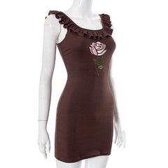 Ribbed cap sleeve flower embroidery ruffle mini dress