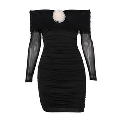 Flower applique mesh ruched off shoulder long sleeve mini dress