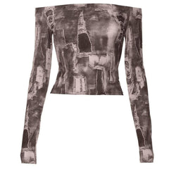 Off shoulder denim print long sleeve crop top