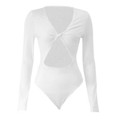 Long sleeve solid v neck hollow out knotted bodysuit